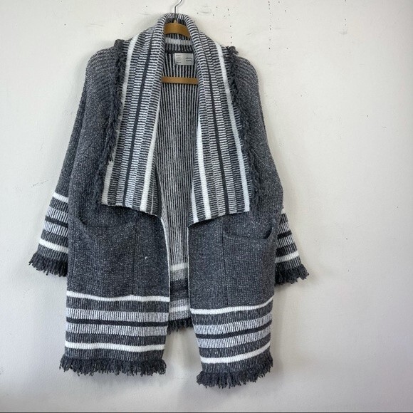 Anthropologie Saturday Sunday Fringe Gray Open Front Cardigan Sweater One Size L - Picture 6 of 16